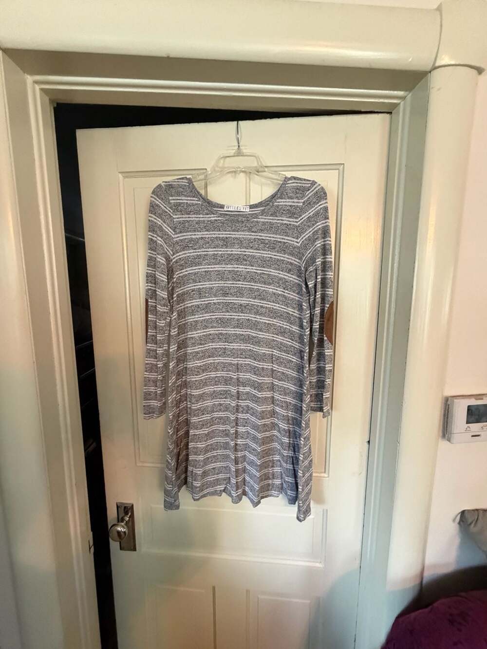 Potter's Pot Gray Striped Long Sleeve Tunic Dress with Elbow Patches